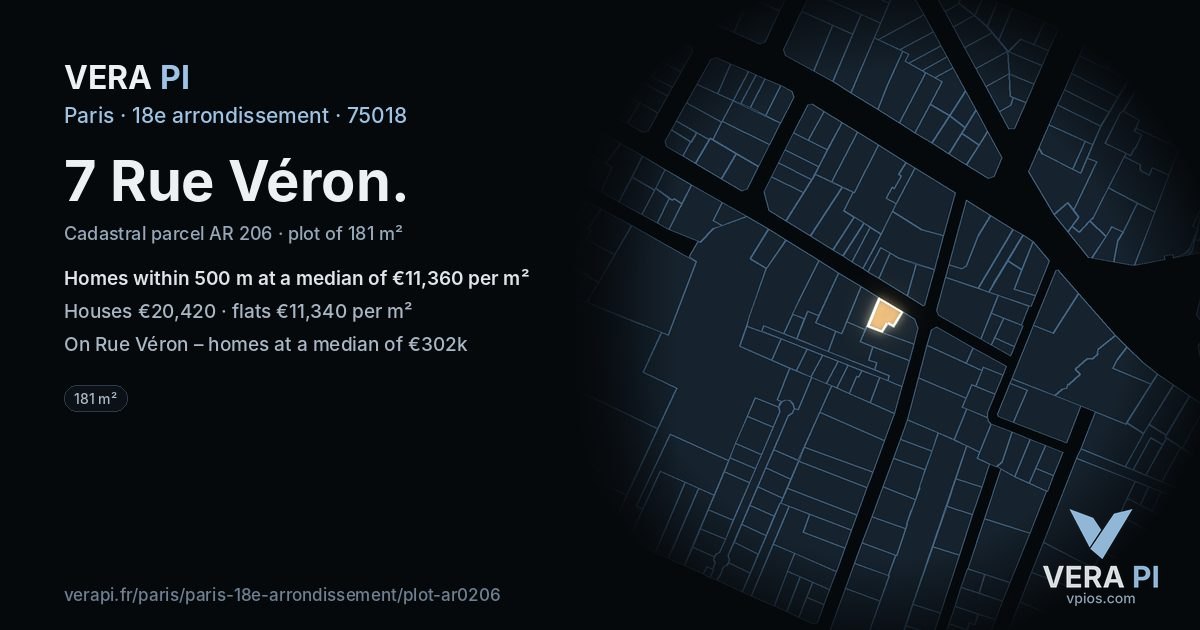 7 Rue Véron, 18e arrondissement at night – the plot lit, the parcels around coloured by the prices near them