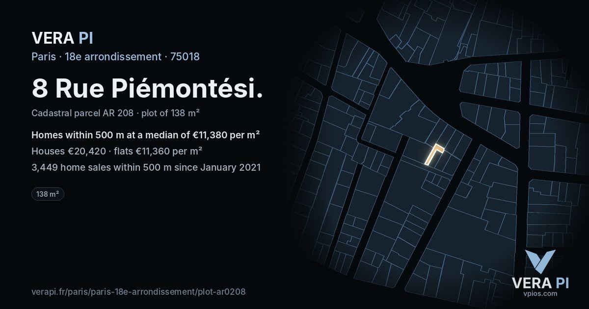 8 Rue Piémontési, 18e arrondissement at night – the plot lit, the parcels around coloured by the prices near them