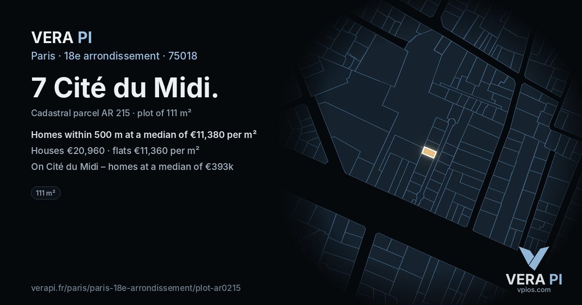 7 Cité du Midi, 18e arrondissement at night – the plot lit, the parcels around coloured by the prices near them