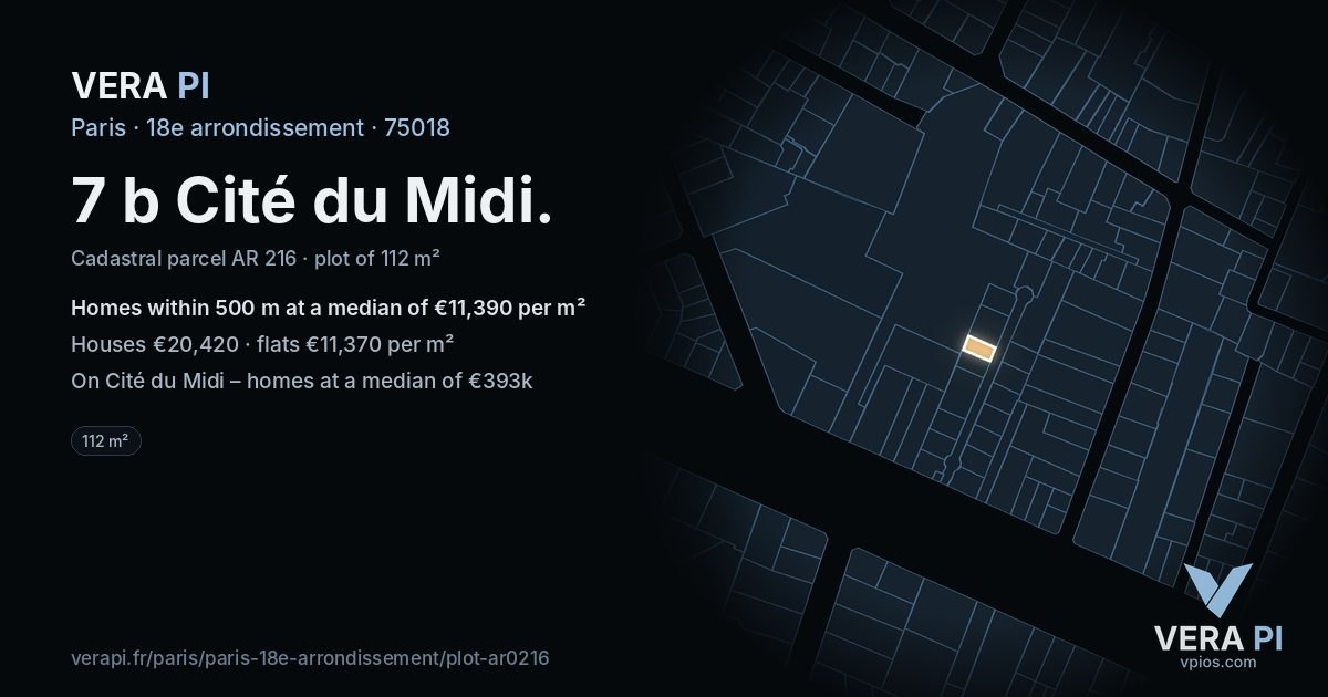 7 b Cité du Midi, 18e arrondissement at night – the plot lit, the parcels around coloured by the prices near them