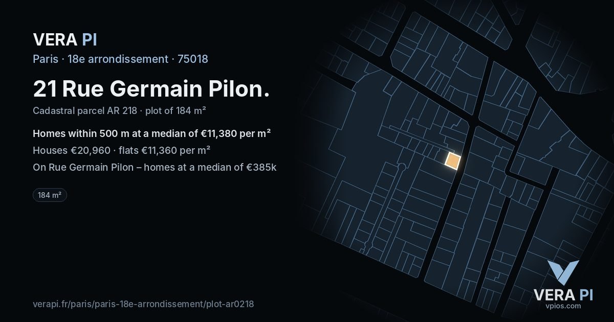 21 Rue Germain Pilon, 18e arrondissement at night – the plot lit, the parcels around coloured by the prices near them