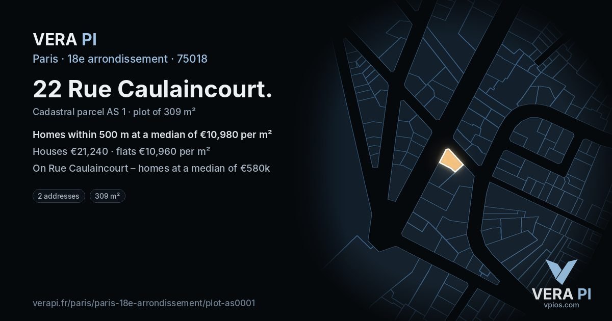 22 Rue Caulaincourt, 18e arrondissement at night – the plot lit, the parcels around coloured by the prices near them