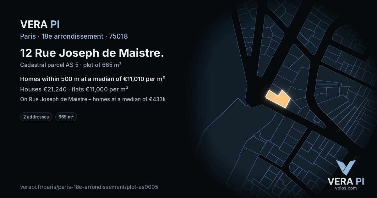 12 Rue Joseph de Maistre, 18e arrondissement at night – the plot lit, the parcels around coloured by the prices near them