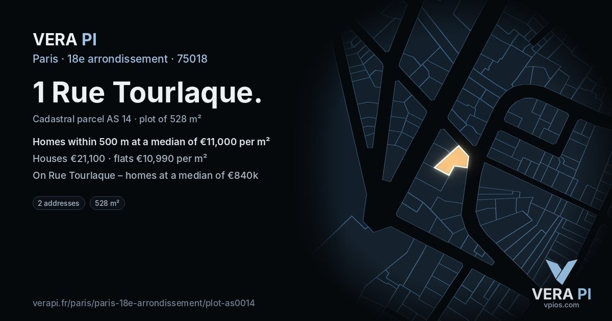 1 Rue Tourlaque, 18e arrondissement at night – the plot lit, the parcels around coloured by the prices near them