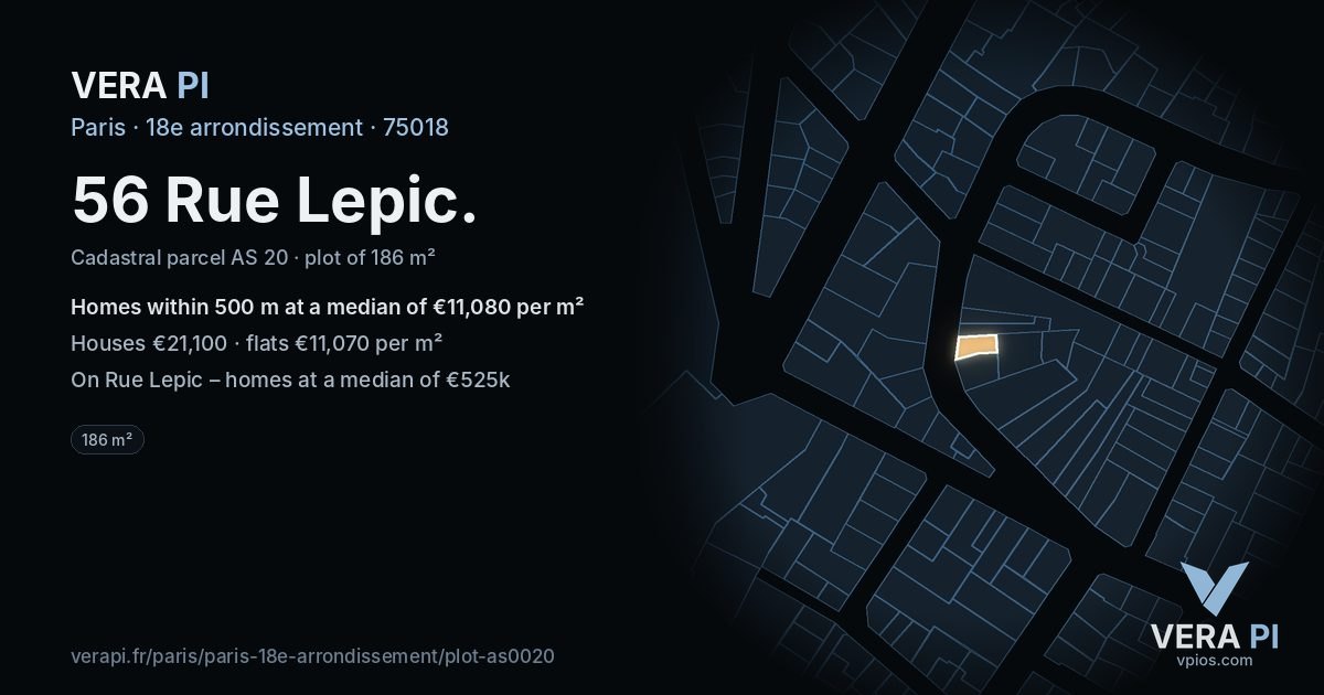 56 Rue Lepic, 18e arrondissement at night – the plot lit, the parcels around coloured by the prices near them