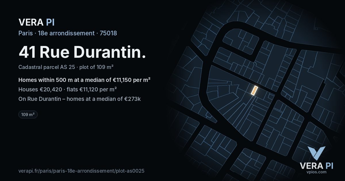 41 Rue Durantin, 18e arrondissement at night – the plot lit, the parcels around coloured by the prices near them