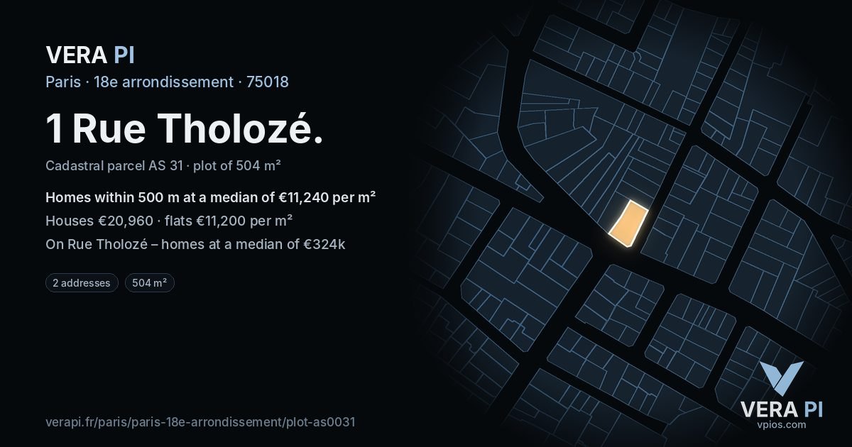 1 Rue Tholozé, 18e arrondissement at night – the plot lit, the parcels around coloured by the prices near them
