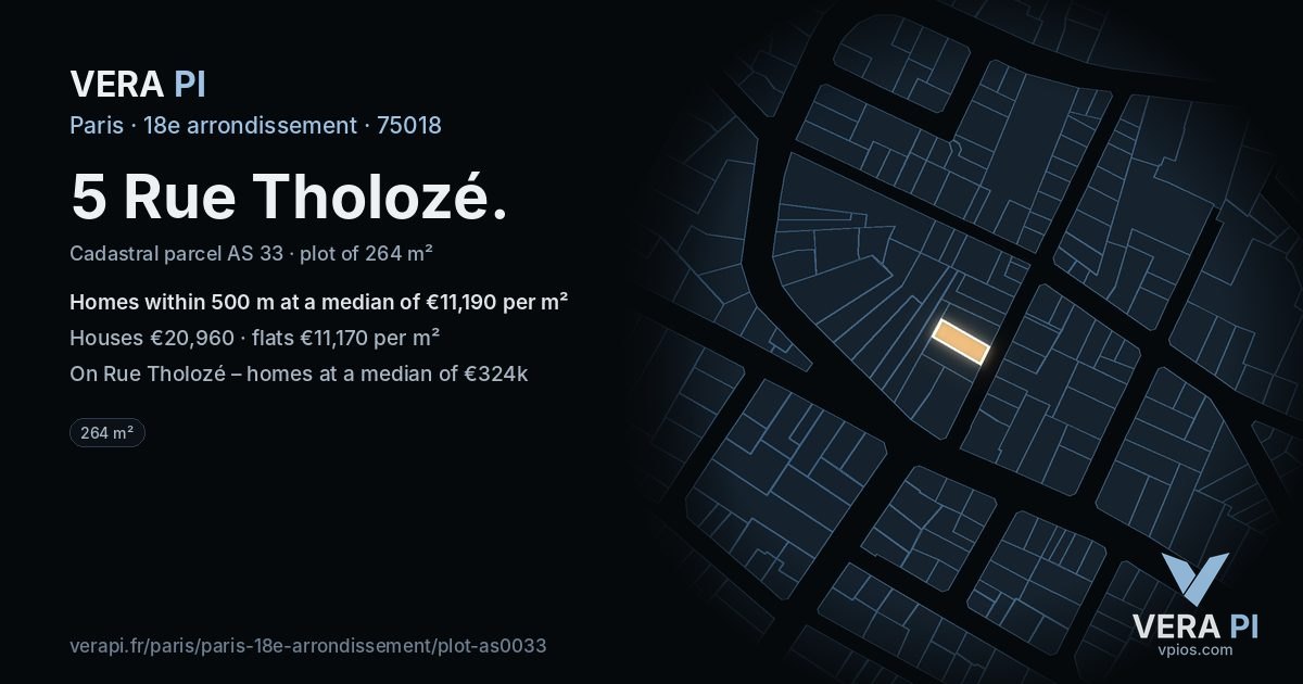 5 Rue Tholozé, 18e arrondissement at night – the plot lit, the parcels around coloured by the prices near them
