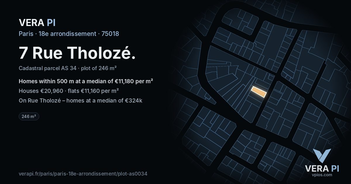 7 Rue Tholozé, 18e arrondissement at night – the plot lit, the parcels around coloured by the prices near them