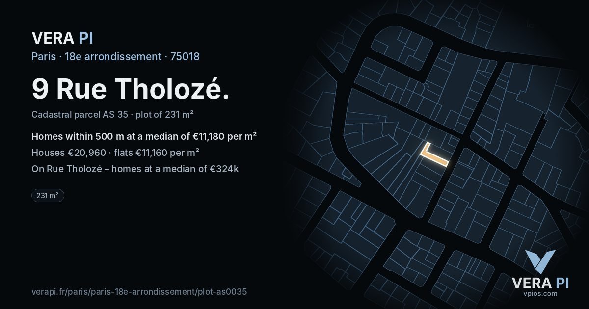 9 Rue Tholozé, 18e arrondissement at night – the plot lit, the parcels around coloured by the prices near them