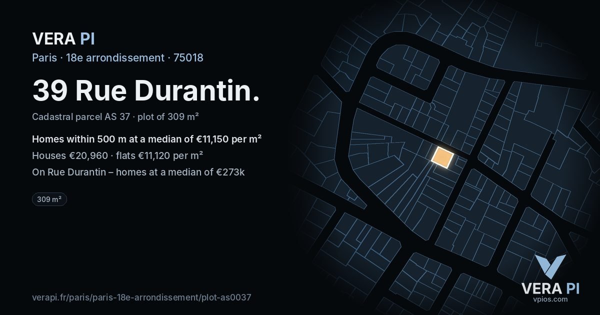 39 Rue Durantin, 18e arrondissement at night – the plot lit, the parcels around coloured by the prices near them