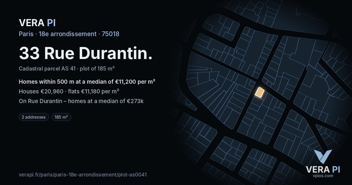 33 Rue Durantin, 18e arrondissement at night – the plot lit, the parcels around coloured by the prices near them