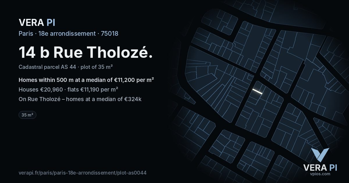 14 b Rue Tholozé, 18e arrondissement at night – the plot lit, the parcels around coloured by the prices near them