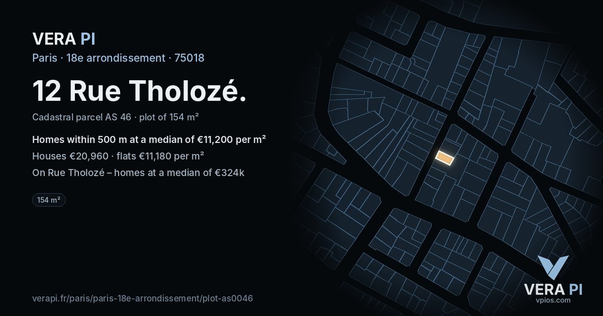 12 Rue Tholozé, 18e arrondissement at night – the plot lit, the parcels around coloured by the prices near them