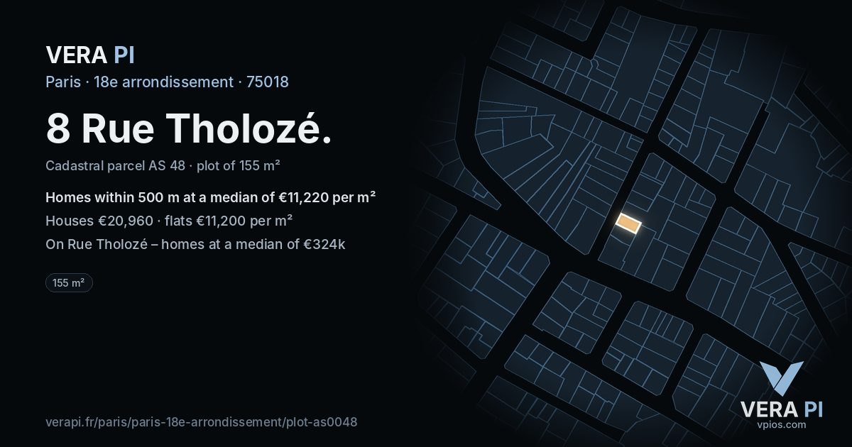 8 Rue Tholozé, 18e arrondissement at night – the plot lit, the parcels around coloured by the prices near them