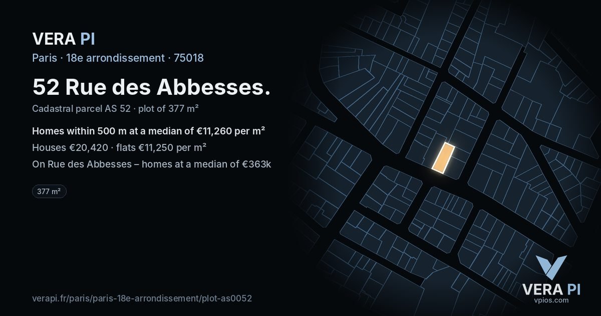 52 Rue des Abbesses, 18e arrondissement at night – the plot lit, the parcels around coloured by the prices near them