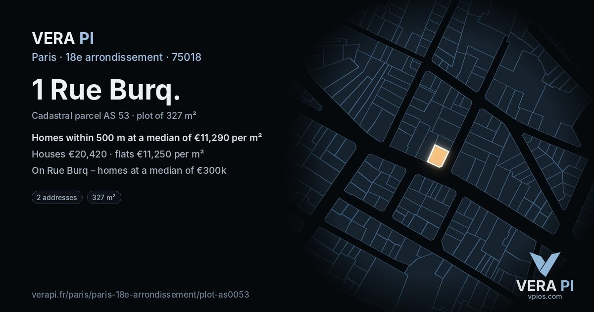 1 Rue Burq, 18e arrondissement at night – the plot lit, the parcels around coloured by the prices near them