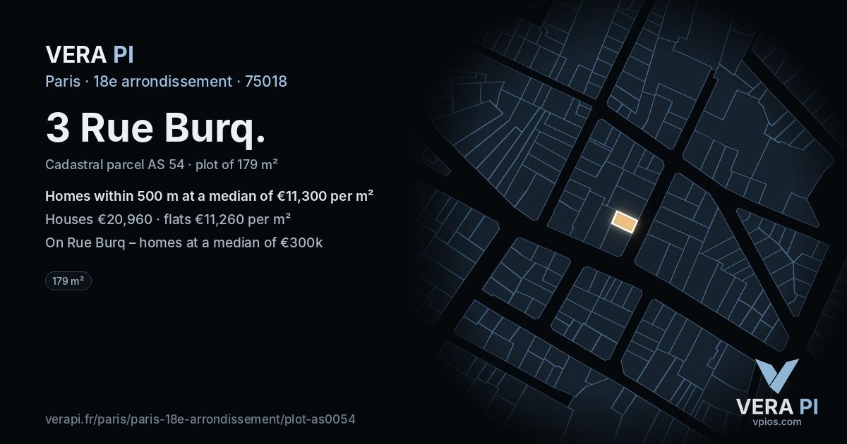 3 Rue Burq, 18e arrondissement at night – the plot lit, the parcels around coloured by the prices near them
