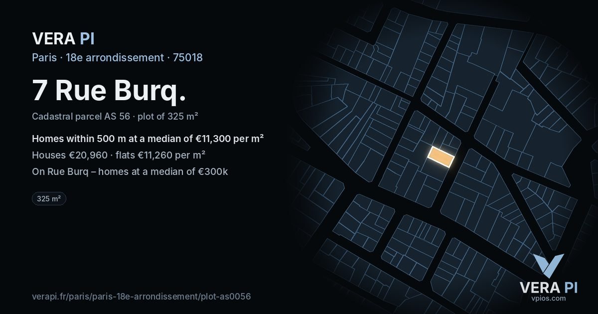 7 Rue Burq, 18e arrondissement at night – the plot lit, the parcels around coloured by the prices near them