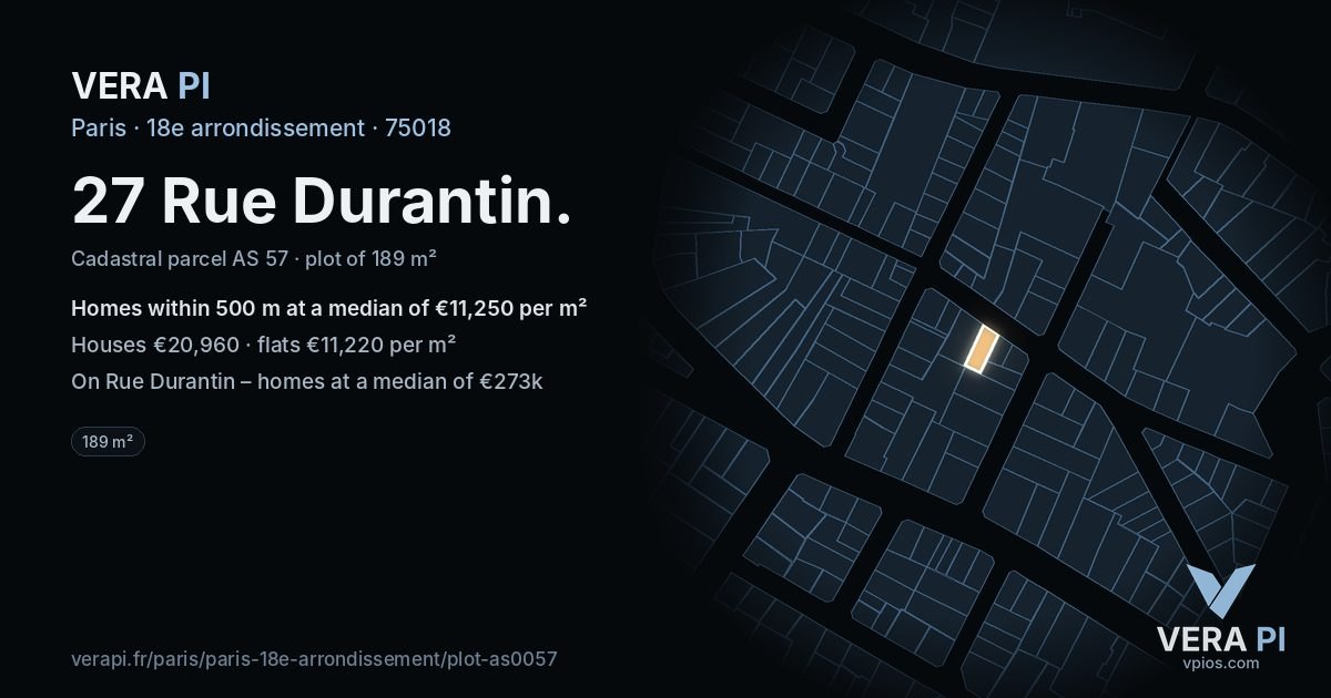 27 Rue Durantin, 18e arrondissement at night – the plot lit, the parcels around coloured by the prices near them