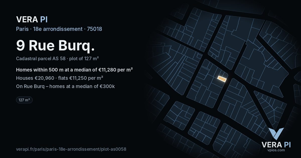 9 Rue Burq, 18e arrondissement at night – the plot lit, the parcels around coloured by the prices near them