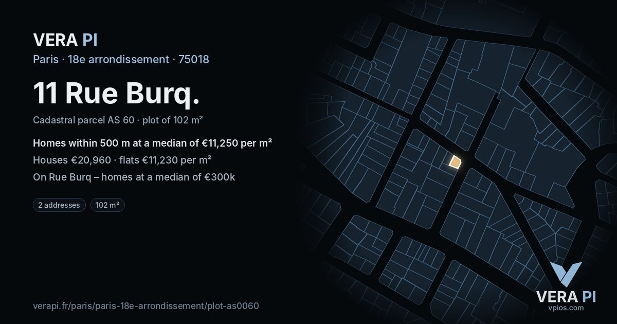 11 Rue Burq, 18e arrondissement at night – the plot lit, the parcels around coloured by the prices near them