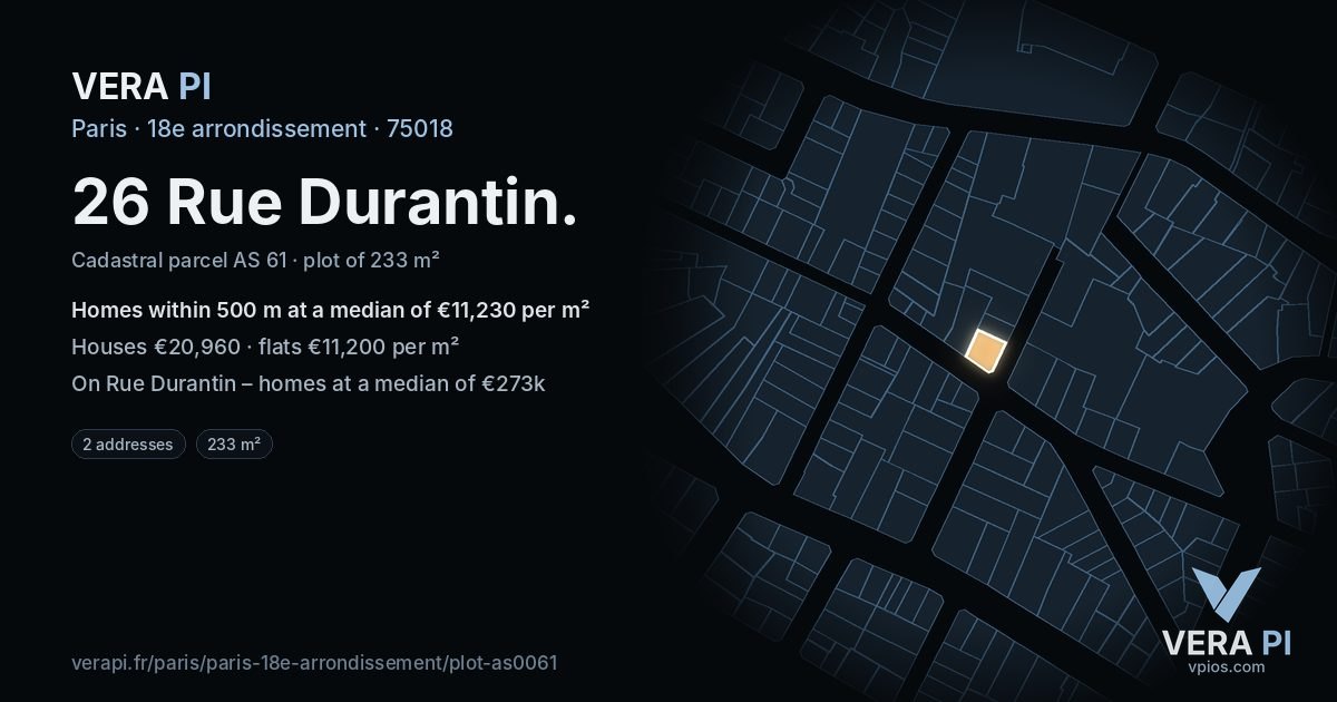 26 Rue Durantin, 18e arrondissement at night – the plot lit, the parcels around coloured by the prices near them
