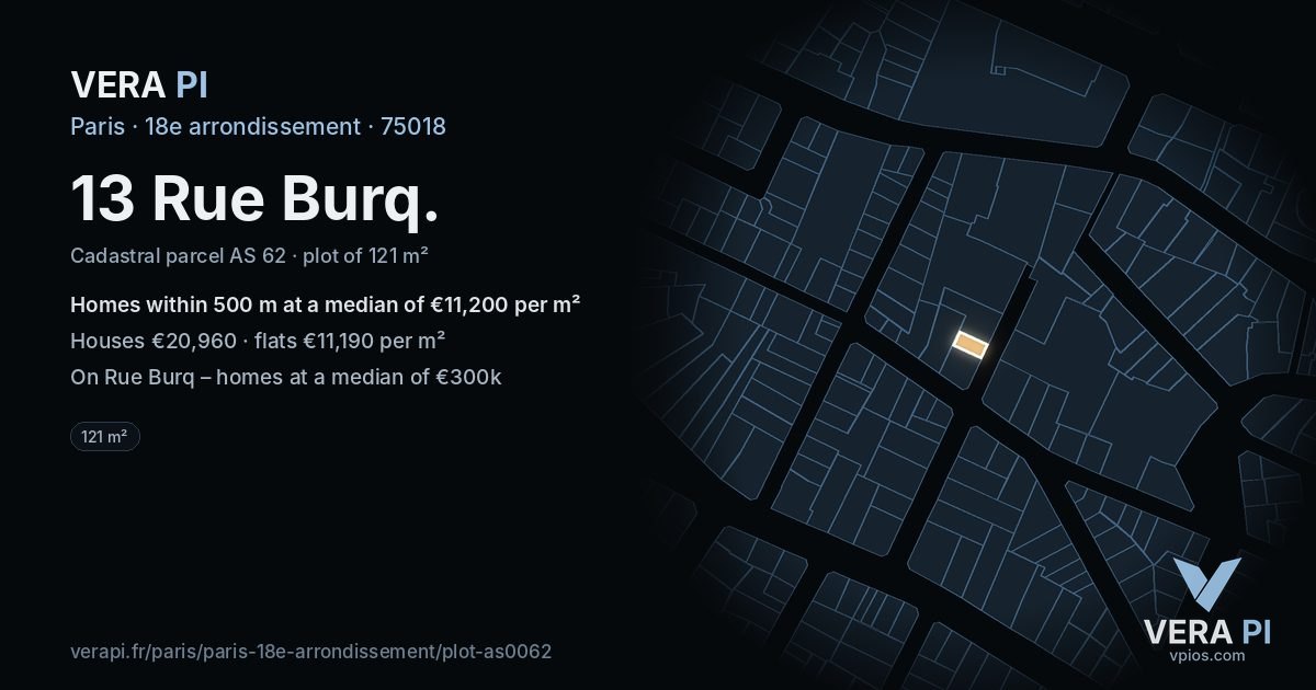 13 Rue Burq, 18e arrondissement at night – the plot lit, the parcels around coloured by the prices near them