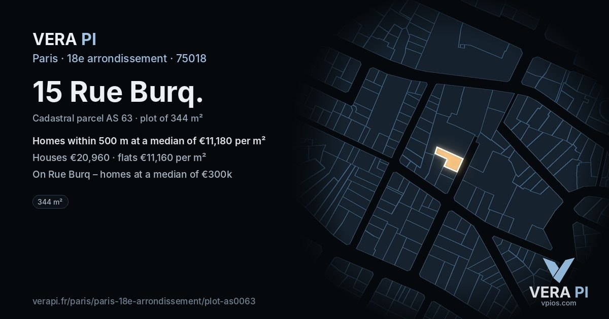 15 Rue Burq, 18e arrondissement at night – the plot lit, the parcels around coloured by the prices near them