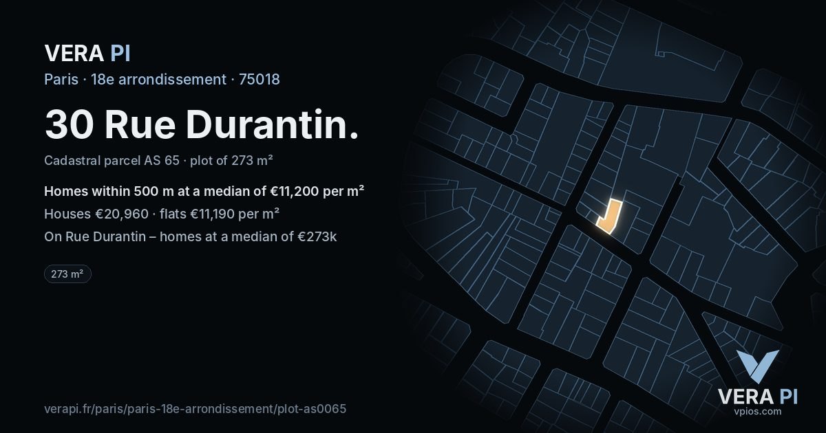 30 Rue Durantin, 18e arrondissement at night – the plot lit, the parcels around coloured by the prices near them