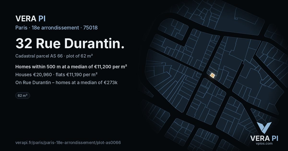 32 Rue Durantin, 18e arrondissement at night – the plot lit, the parcels around coloured by the prices near them