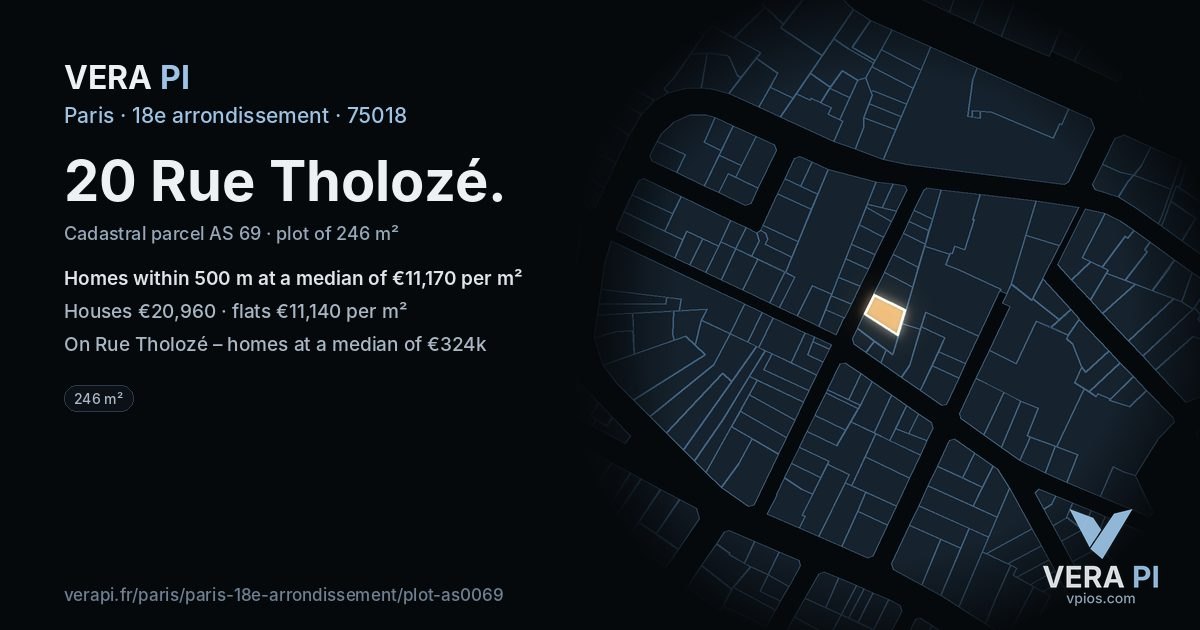 20 Rue Tholozé, 18e arrondissement at night – the plot lit, the parcels around coloured by the prices near them