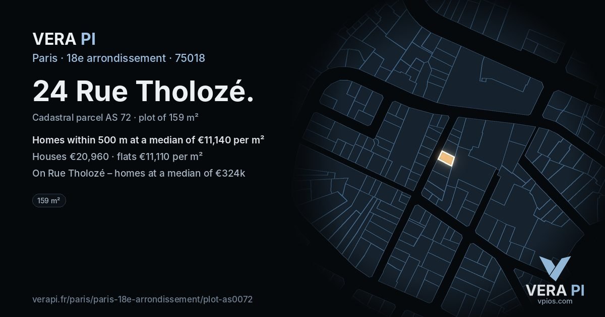 24 Rue Tholozé, 18e arrondissement at night – the plot lit, the parcels around coloured by the prices near them