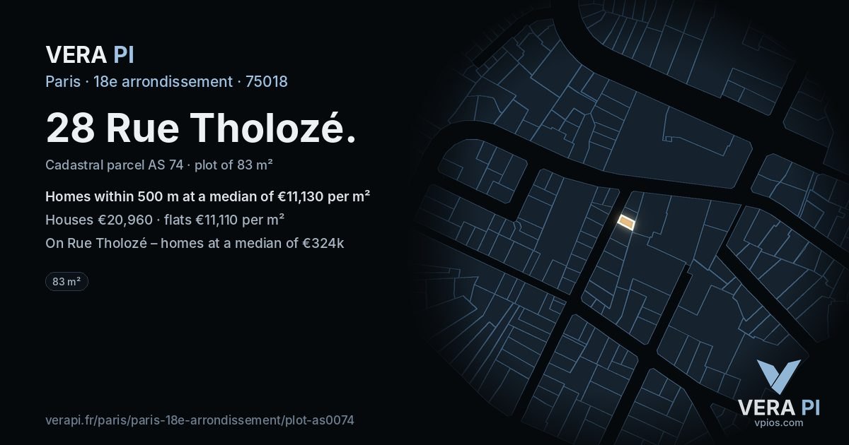 28 Rue Tholozé, 18e arrondissement at night – the plot lit, the parcels around coloured by the prices near them