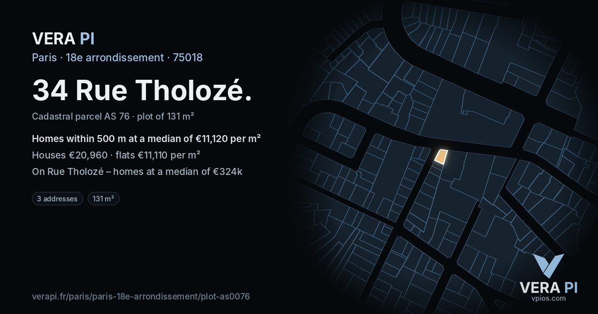 34 Rue Tholozé, 18e arrondissement at night – the plot lit, the parcels around coloured by the prices near them