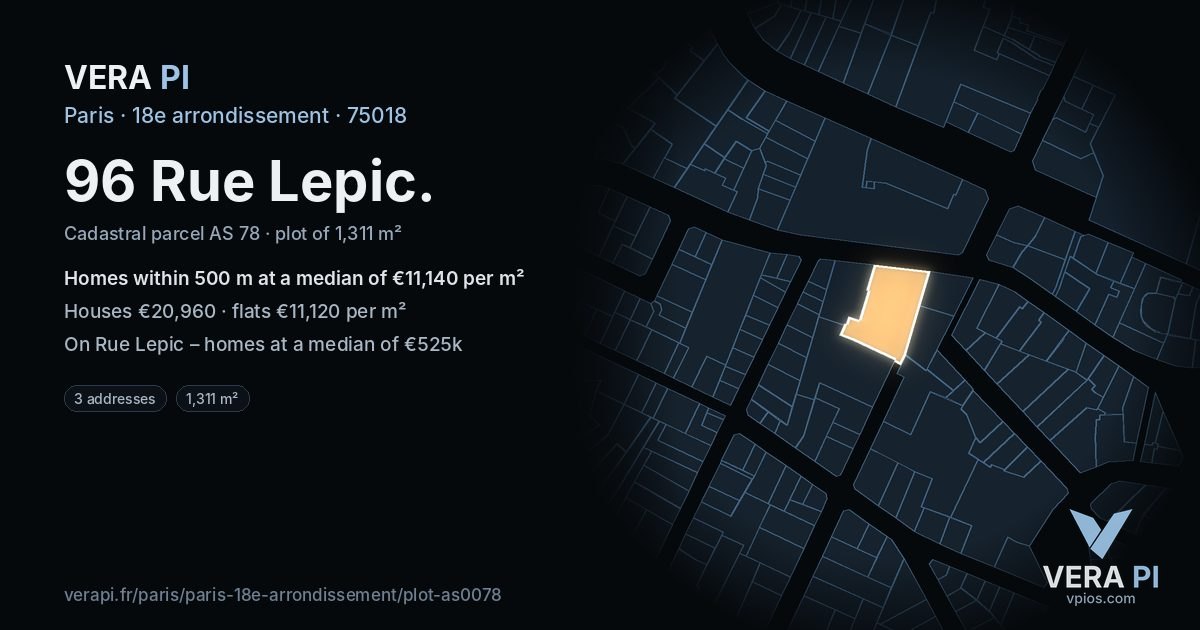 96 Rue Lepic, 18e arrondissement at night – the plot lit, the parcels around coloured by the prices near them