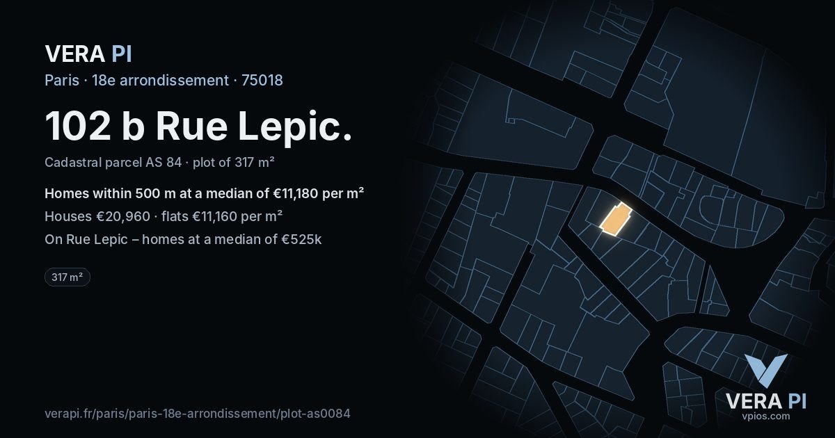 102 b Rue Lepic, 18e arrondissement at night – the plot lit, the parcels around coloured by the prices near them
