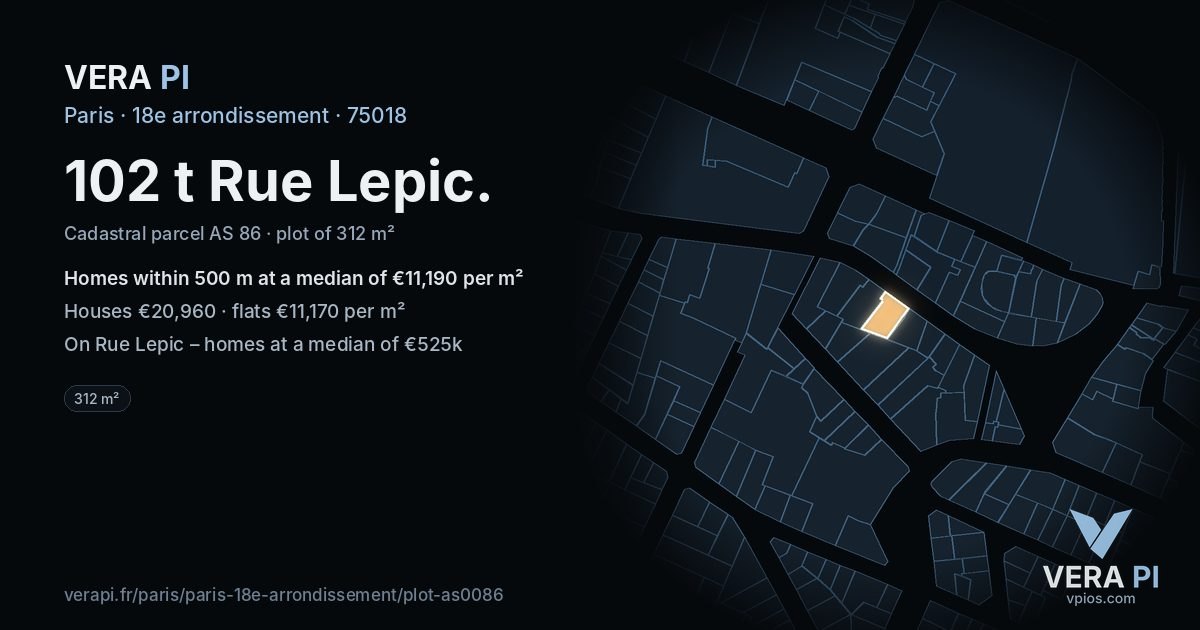 102 t Rue Lepic, 18e arrondissement at night – the plot lit, the parcels around coloured by the prices near them