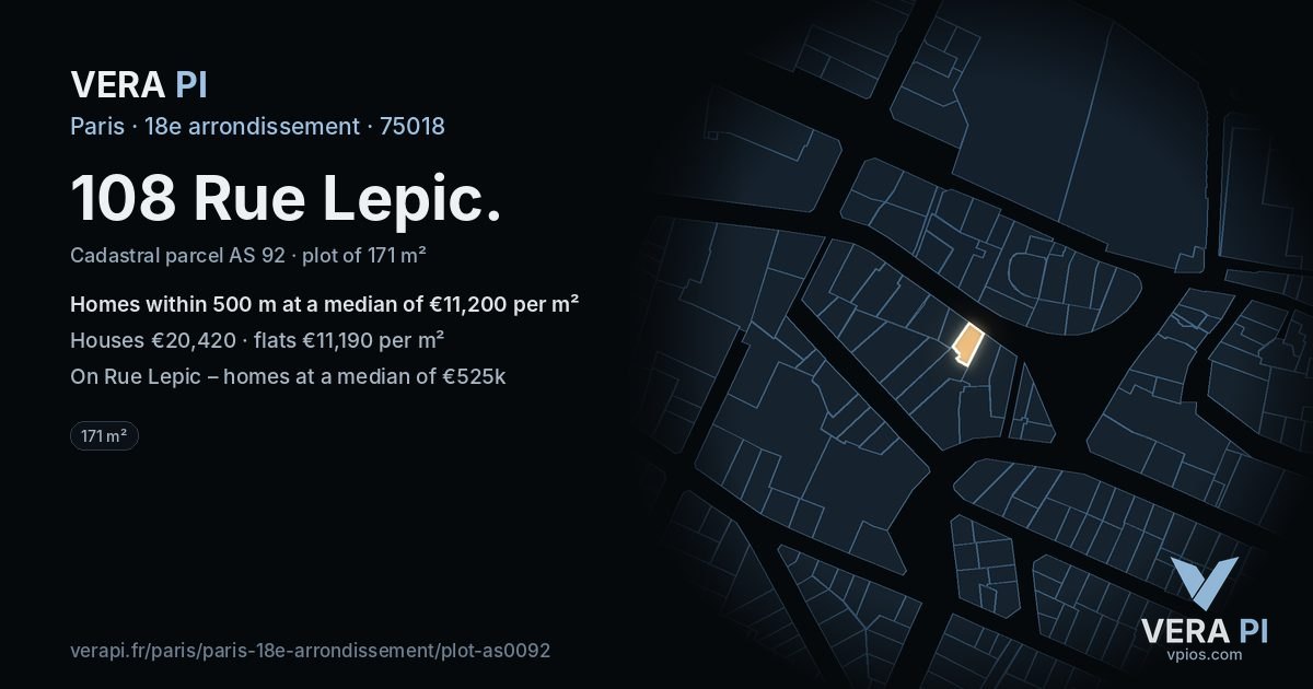 108 Rue Lepic, 18e arrondissement at night – the plot lit, the parcels around coloured by the prices near them