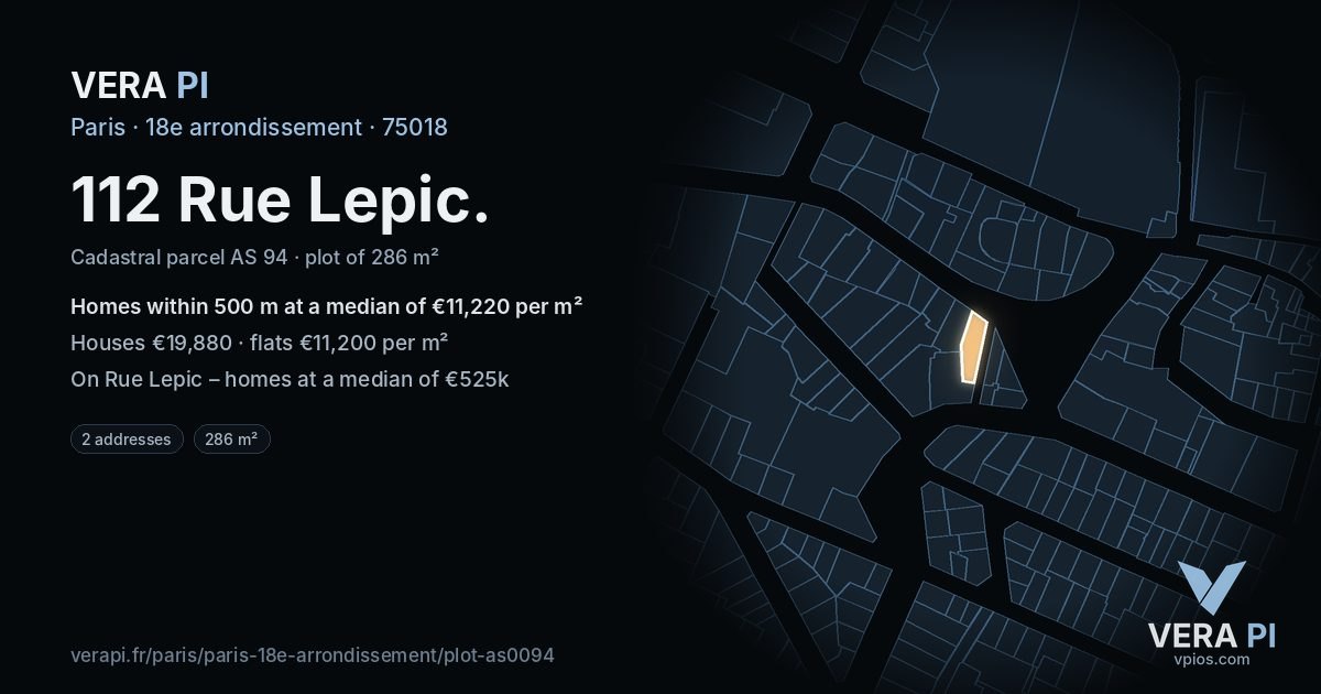 112 Rue Lepic, 18e arrondissement at night – the plot lit, the parcels around coloured by the prices near them
