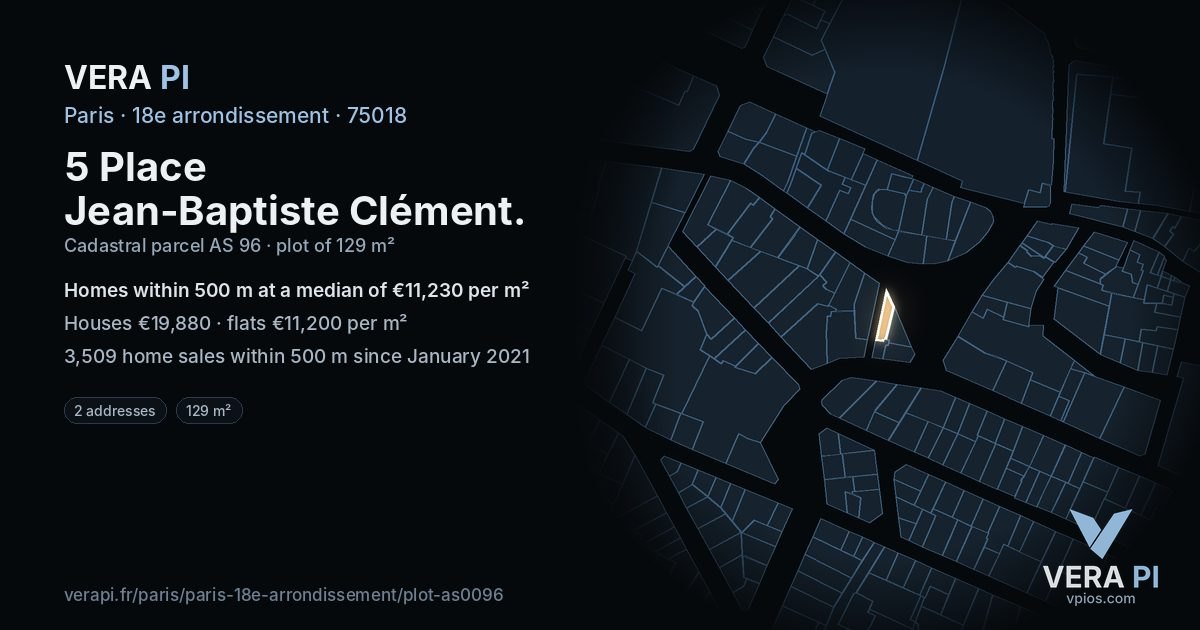 5 Place Jean-Baptiste Clément, 18e arrondissement at night – the plot lit, the parcels around coloured by the prices near them