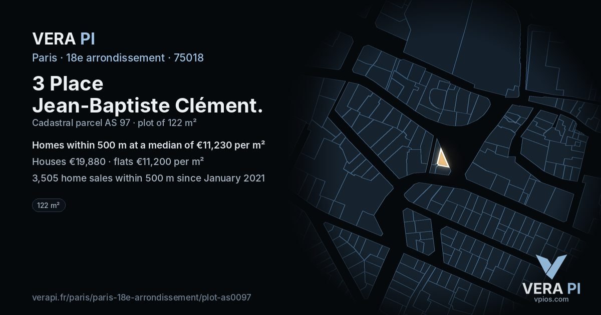 3 Place Jean-Baptiste Clément, 18e arrondissement at night – the plot lit, the parcels around coloured by the prices near them