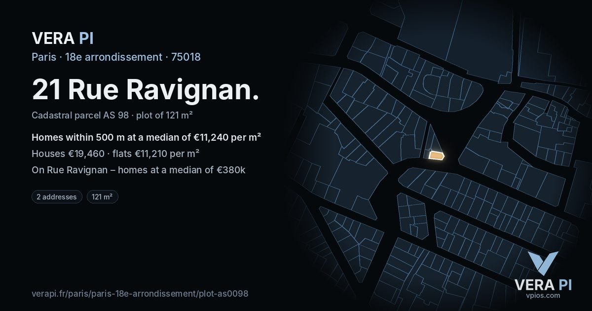 21 Rue Ravignan, 18e arrondissement at night – the plot lit, the parcels around coloured by the prices near them