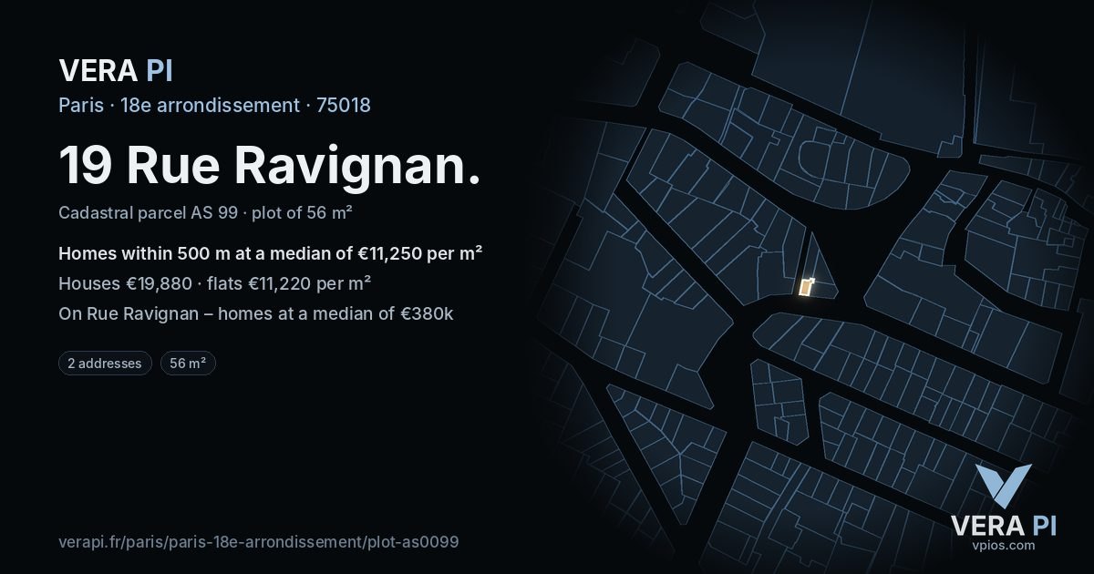 19 Rue Ravignan, 18e arrondissement at night – the plot lit, the parcels around coloured by the prices near them