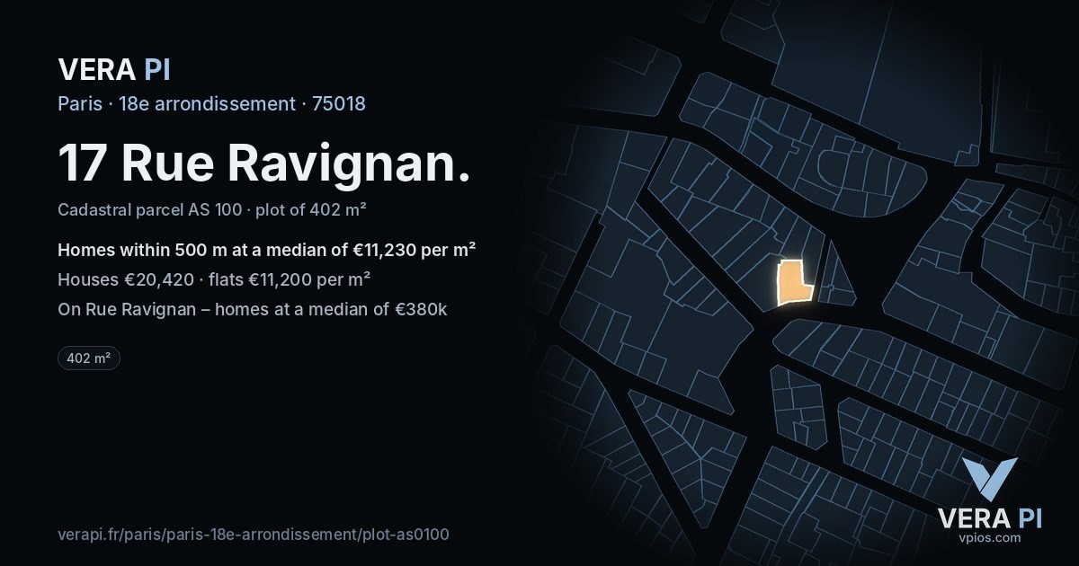 17 Rue Ravignan, 18e arrondissement at night – the plot lit, the parcels around coloured by the prices near them