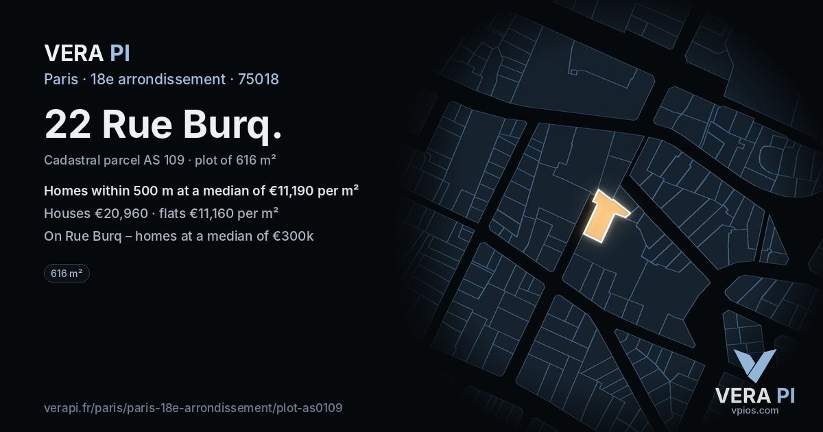 22 Rue Burq, 18e arrondissement at night – the plot lit, the parcels around coloured by the prices near them