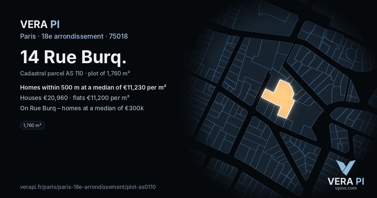 14 Rue Burq, 18e arrondissement at night – the plot lit, the parcels around coloured by the prices near them