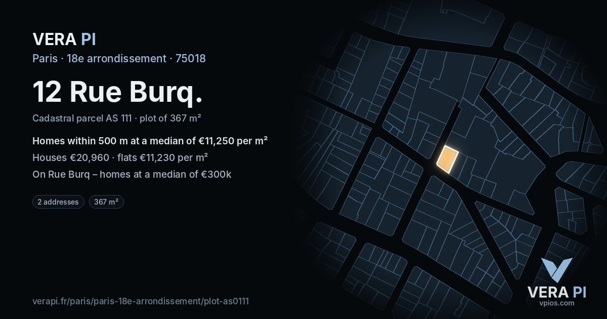 12 Rue Burq, 18e arrondissement at night – the plot lit, the parcels around coloured by the prices near them