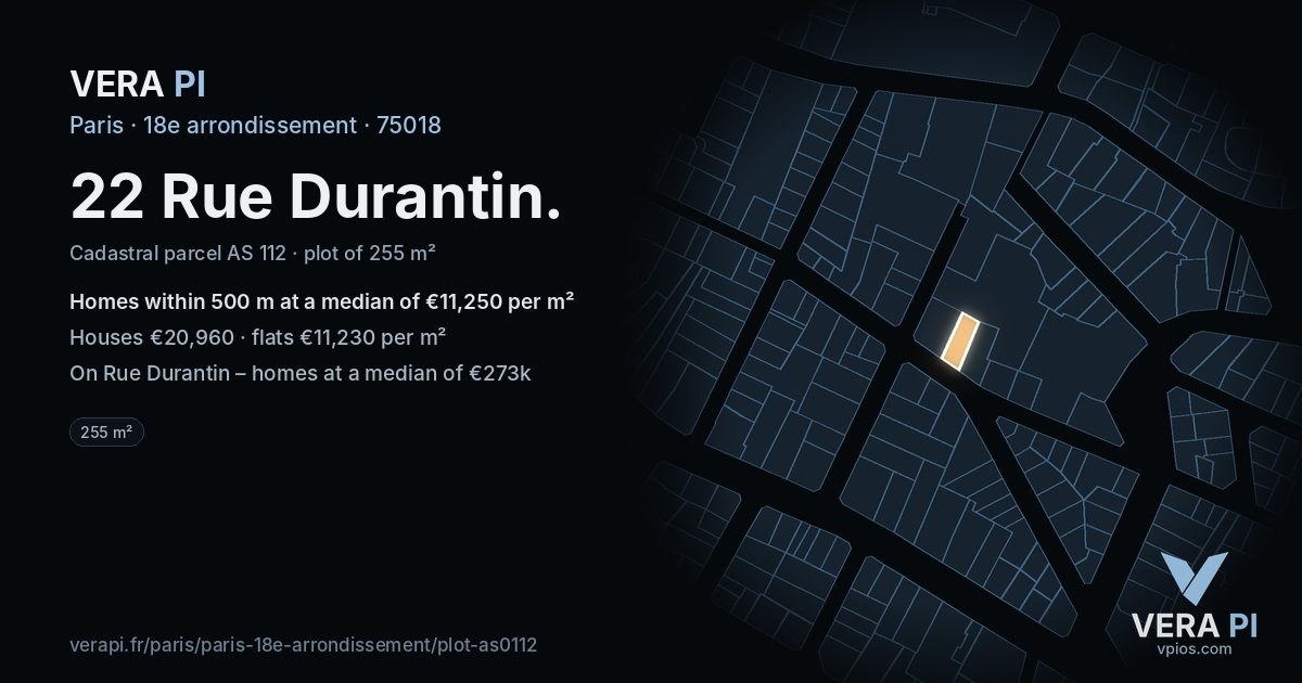 22 Rue Durantin, 18e arrondissement at night – the plot lit, the parcels around coloured by the prices near them