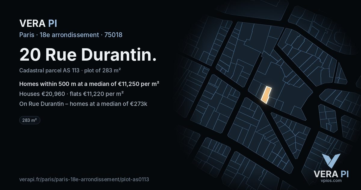 20 Rue Durantin, 18e arrondissement at night – the plot lit, the parcels around coloured by the prices near them